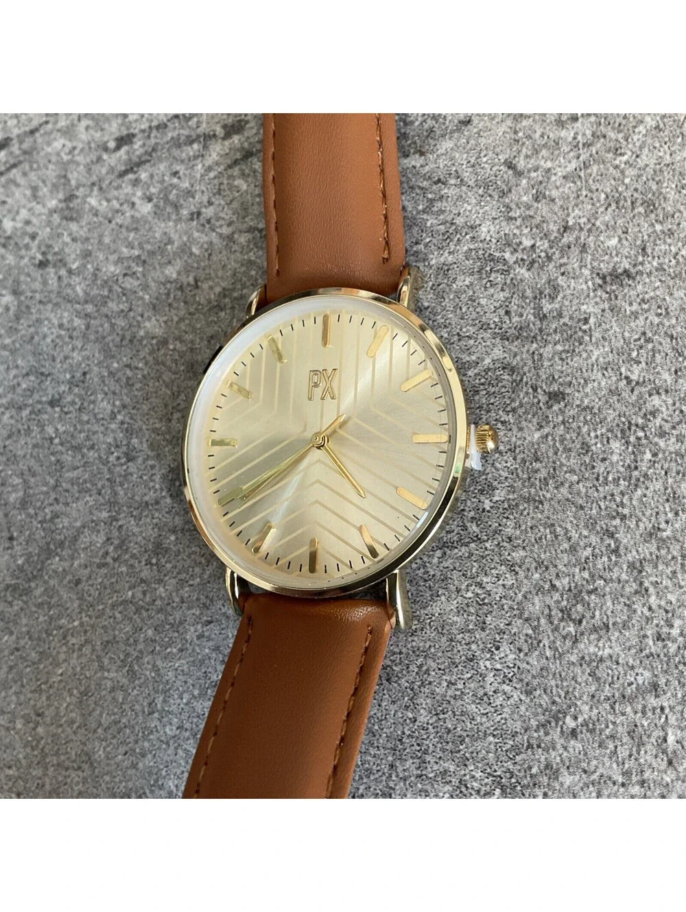 PX Clothing Mens Terry Leather Strap Watch 40mm Gold Tone Case NWOT Bin T